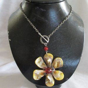 Silver Tone Toggle Necklace w/ MOP Flower Pendant